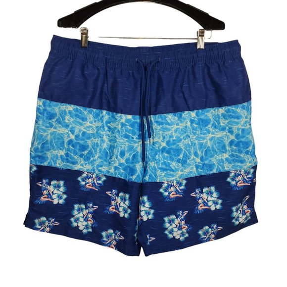 Caribbean Swimwear Board Shorts Navy Blue Colorblock Hawaiian Pin Up Floral - Picture 1 of 7